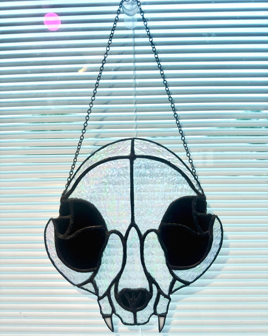 Clear Iridescent Cat Skull Stained Glass Suncatcher